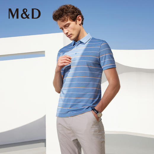 【桑蚕丝】名盾条纹翻领短袖蓝色Polo衫吸湿透气防嗮凉感商务男装 商品图1