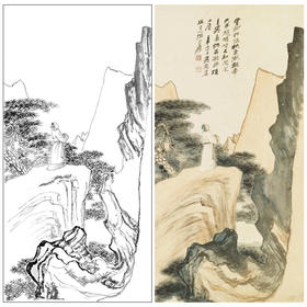 张大千竖幅工笔山水人物白描底稿-QD02