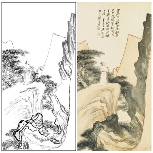 张大千竖幅工笔山水人物白描底稿-QD02 商品图0