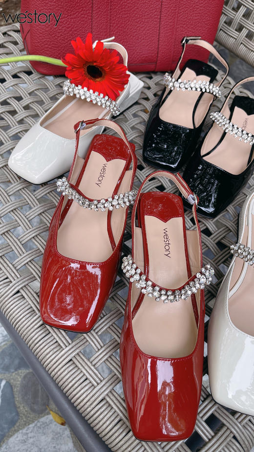 westory2022年春夏新款法式气质水钻低跟包头凉鞋玛丽珍单鞋W22AH55031 商品图0