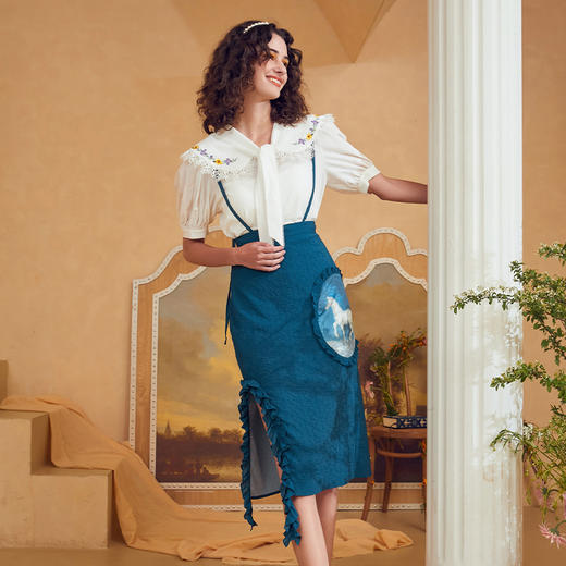 半身裙 两三事梵高系列亲自征/战夏季新款印花贴布绣木耳边背带半身裙 商品图0