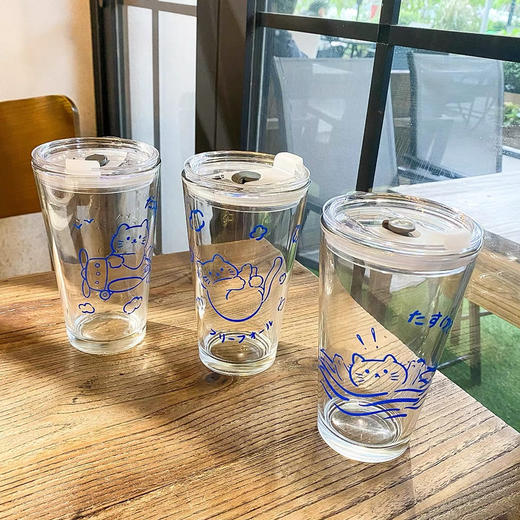 强烈推荐！巨可爱猫咪玻璃水杯创意简约ins杯少女心可加盖牛奶杯500ml 商品图2