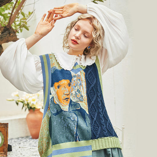 两三事梵高艺术圣雷米春秋款v领毛衣女背心复古慵懒风设计感上衣 商品图0