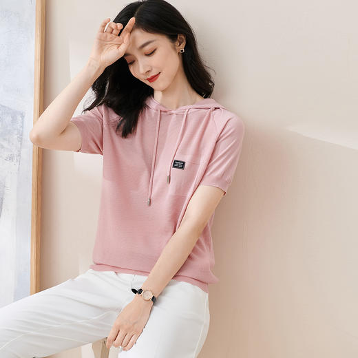 【莱赛尔真丝面料连帽衫】米思阳2024夏季新款休闲淑女短袖直筒针织衫抽绳连帽上衣1895 商品图1