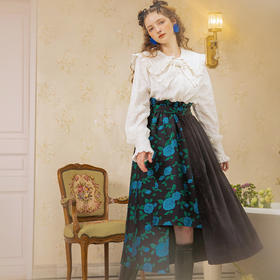 两三事蓝色妖姬冬新款复古印花拼布两件套背带裙不规则半身裙