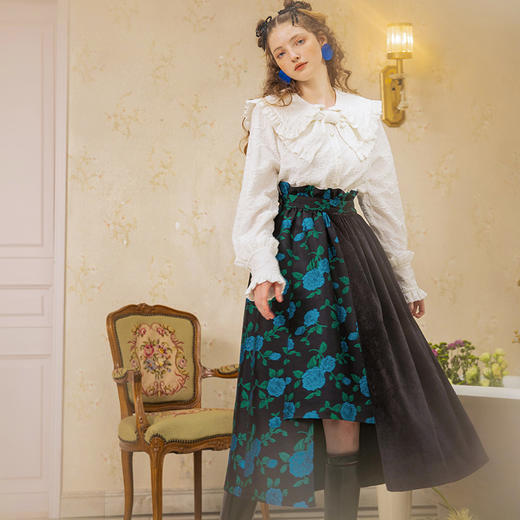 两三事蓝色妖姬冬新款复古印花拼布两件套背带裙不规则半身裙 商品图0