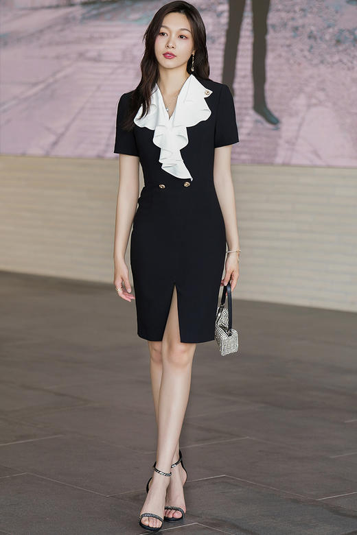 黑色复古荷叶边连衣裙女短袖夏季气质OL收腰显瘦修身包臀裙 商品图5