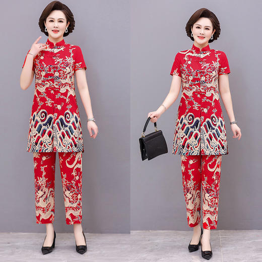 中老年妈妈民族风短袖棉麻中长款盘扣两件套ZQ 商品图5