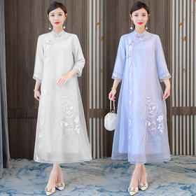 时尚刺绣连衣裙改良复古旗袍仙气飘逸年轻款茶服女装 AHM-yhfs7219
