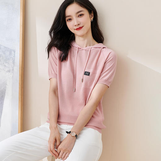 【莱赛尔真丝面料连帽衫】米思阳2024夏季新款休闲淑女短袖直筒针织衫抽绳连帽上衣1895 商品图0