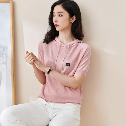 【莱赛尔真丝面料连帽衫】米思阳2024夏季新款休闲淑女短袖直筒针织衫抽绳连帽上衣1895 商品图3