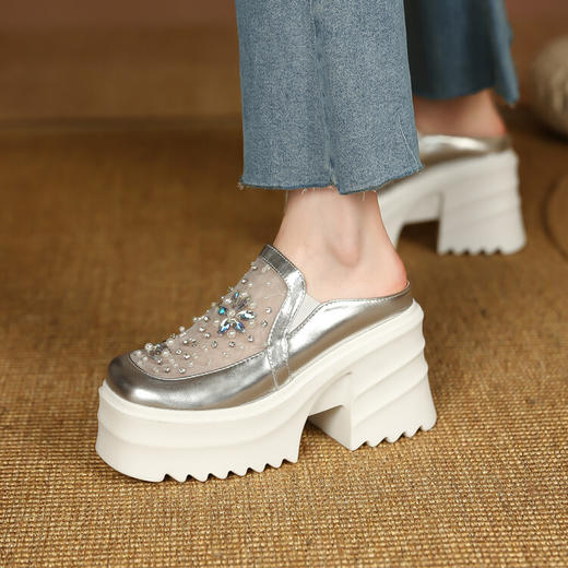 时尚百搭，PU皮网纱拼接钉珠厚底凉拖ZM-MT9090 商品图5