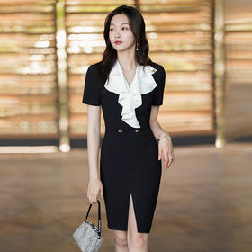 黑色复古荷叶边连衣裙女短袖夏季气质OL收腰显瘦修身包臀裙