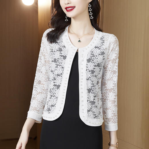 蕾丝开衫短款防嗮衣，空调服大码蕾丝重工钉珠外套KQL-8307 商品图0
