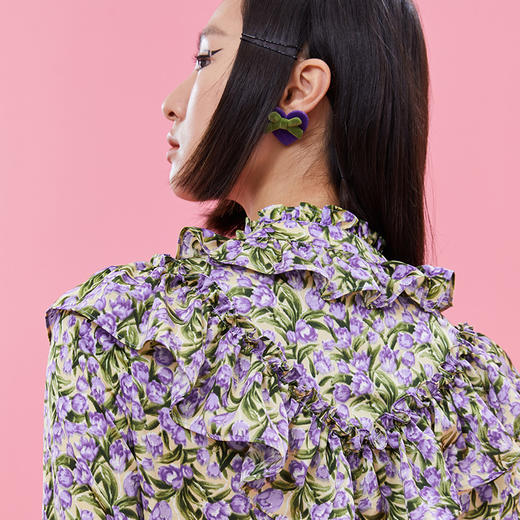  两三事国潮艺术明日世界的花春新款复古荷叶边拼接印花连衣裙 商品图2