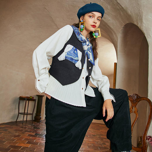 两三事梵高艺术花里蝴蝶秋新款复古白色衬衫女设计感小众上衣 商品图2