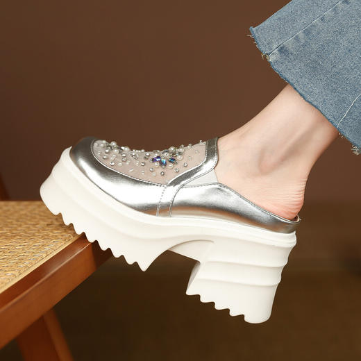 时尚百搭，PU皮网纱拼接钉珠厚底凉拖ZM-MT9090 商品图6