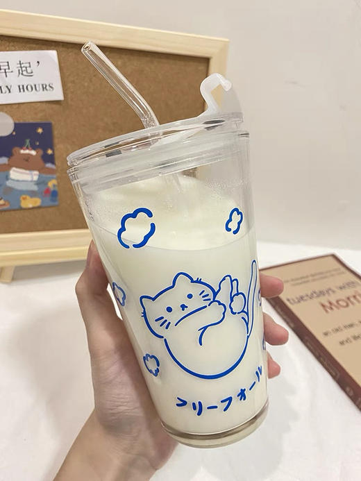 强烈推荐！巨可爱猫咪玻璃水杯创意简约ins杯少女心可加盖牛奶杯500ml 商品图0