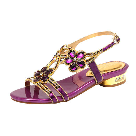 新款水钻平底低跟高跟凉鞋粗跟花朵百搭凉鞋LXa0 商品图4