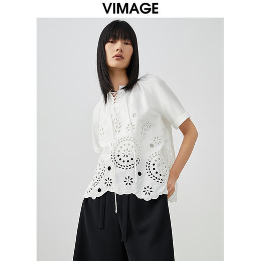 VIMAGE/纬漫纪夏季新款100%棉洋气精致蕾丝镂空小上衣V1713332 商品图0