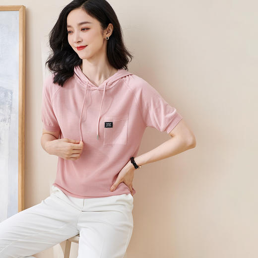 【莱赛尔真丝面料连帽衫】米思阳2024夏季新款休闲淑女短袖直筒针织衫抽绳连帽上衣1895 商品图4