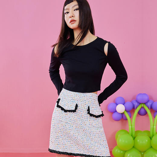 两三事国潮艺术白昼烂漫2022春夏新款复古珠片绣粗花呢a字半身裙 商品图1