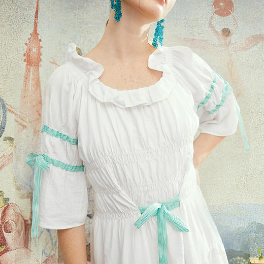 两三事白色天使夏季新款甜美拼色蝴蝶结荷叶边两件套连衣裙 商品图1