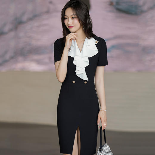 黑色复古荷叶边连衣裙女短袖夏季气质OL收腰显瘦修身包臀裙 商品图3