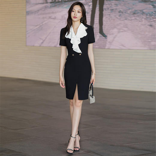 黑色复古荷叶边连衣裙女短袖夏季气质OL收腰显瘦修身包臀裙 商品图1