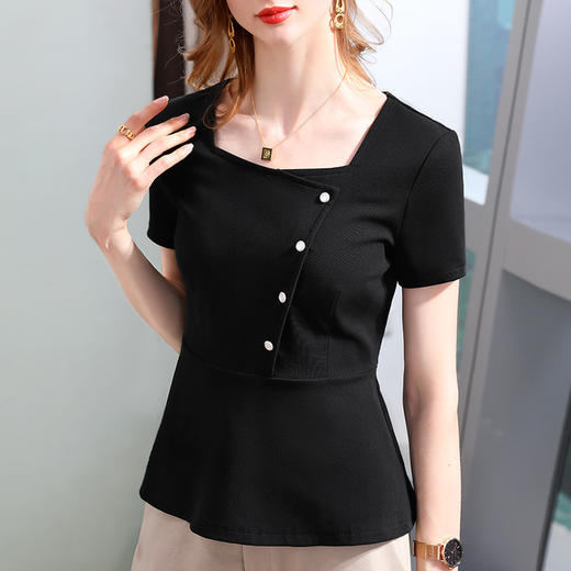 轻熟风扣子方领棉体恤，气质伞摆收腰上衣SG-T2C0150 商品图1