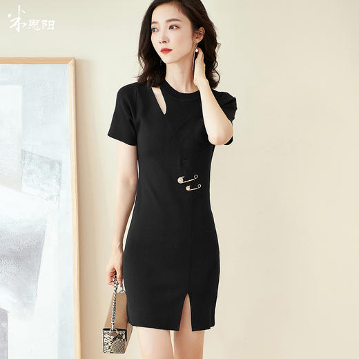 芳外2025夏季新款时尚优雅圆领裙子修身显瘦开叉针织连衣裙1531 商品图0