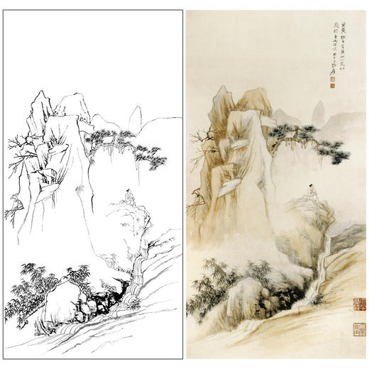 张大千竖幅工笔山水人物白描底稿-《黄山小景》-多种白描尺寸可选-QD15 商品图0