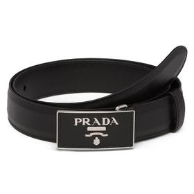 PRADA 普拉达 女士 Saffiano 十字纹皮革金属刻字徽标搭扣腰带 黑色 1CC291 053 F0632