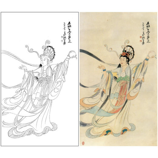 张大千竖幅工笔传统人物白描底稿-飞天仕女-《神女图》-多种白描尺寸可选-QD55 商品图0