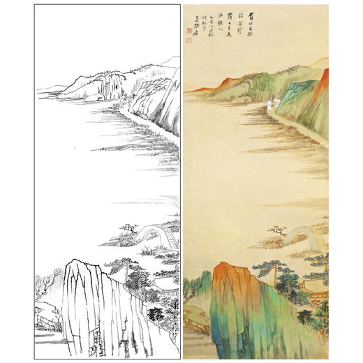 张大千竖幅工笔山水白描底稿-《落日下见鱼樵人》-多种白描尺寸可选-QD19 商品图0