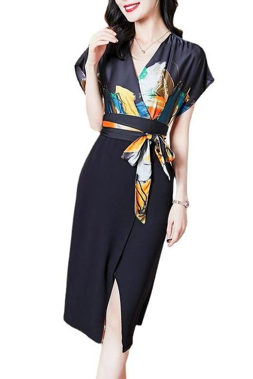 AHM-tz926新款优雅气质系带收腰V领短袖过膝中长款印花连衣裙 商品图4