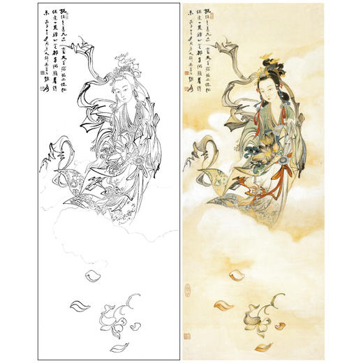 张大千竖幅工笔传统人物白描底稿-飞天仕女-《天女散花》-多种白描尺寸可选-QD52 商品图0