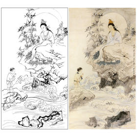 张大千竖幅工笔人物白描底稿-佛像菩萨-《观音大士像》-多种白描尺寸可选-QD68