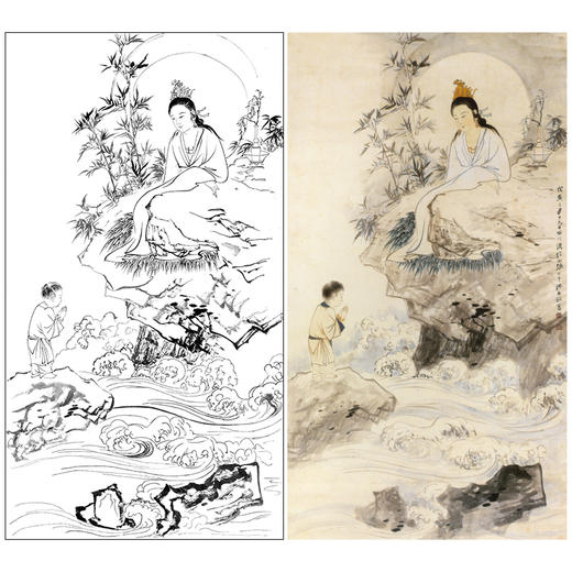 张大千竖幅工笔人物白描底稿-佛像菩萨-《观音大士像》-多种白描尺寸可选-QD68 商品图0