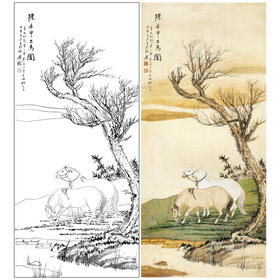 张大千竖幅工笔动物白描底稿-《陈居中二马图》-多种白描尺寸可选-QD40