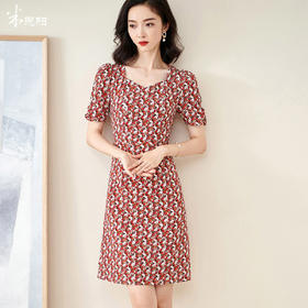 米思阳2025夏季新款法式优雅碎花中长裙修身显瘦泡泡袖连衣裙1172