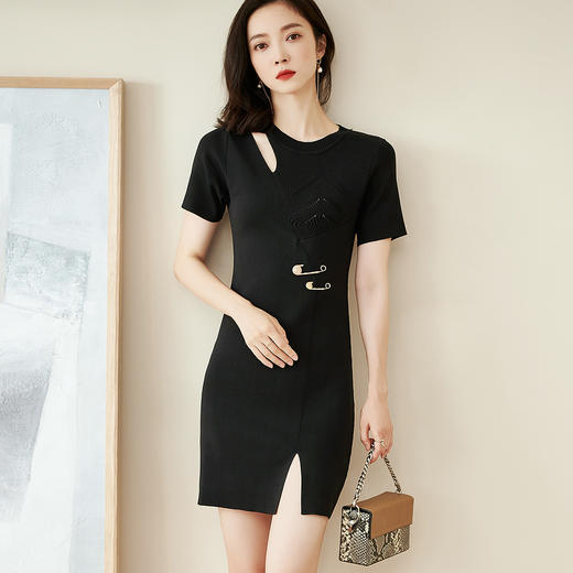 芳外2025夏季新款时尚优雅圆领裙子修身显瘦开叉针织连衣裙1531 商品图2