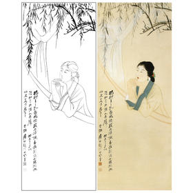 张大千竖幅工笔传统人物白描底稿-《翠楼远望仕女图》-多种白描尺寸可选-QD57