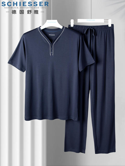 舒雅男士睡衣棉莫代尔双面布家居服2022春夏季新款短袖长裤套装35/20095H 商品图3