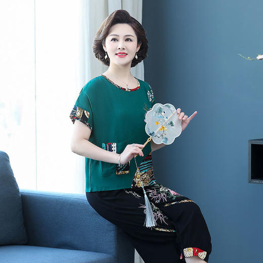 6IXTY-胖妈妈装夏装棉麻套装中老年短袖T恤女加肥加大码两件套 商品图2