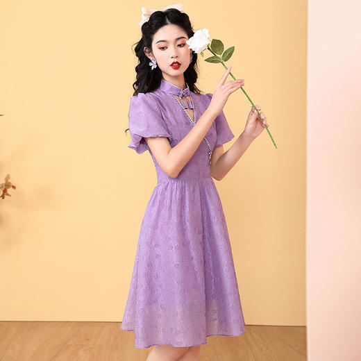 复古国潮，泡泡短袖紫色连衣裙年轻改良款少女旗袍OY-220200 商品图3