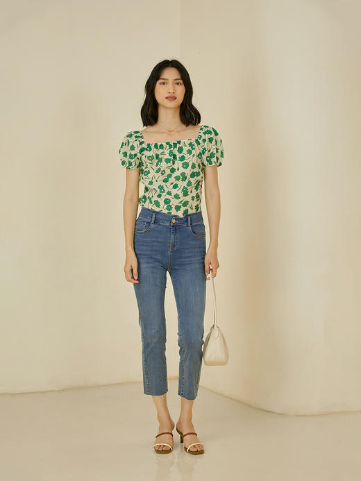 HeyDress郁金香碎花天丝短袖上衣女法式一字肩设计泡泡袖甜美小衫 商品图2