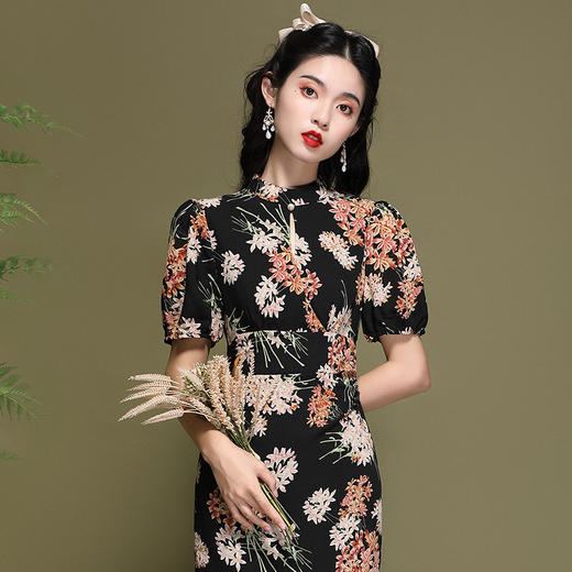 复古中国风，印花束腰连衣裙改良年轻款短袖旗袍OY-220187 商品图1