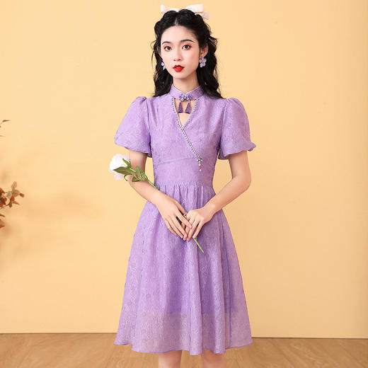 复古国潮，泡泡短袖紫色连衣裙年轻改良款少女旗袍OY-220200 商品图0