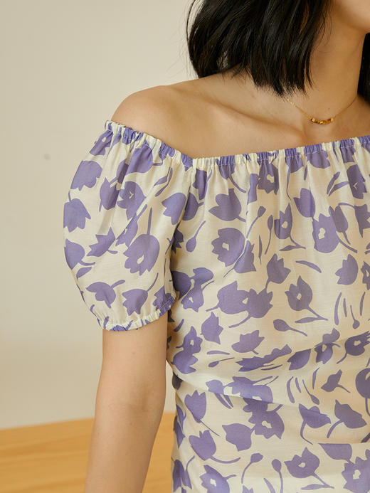 HeyDress郁金香碎花天丝短袖上衣女法式一字肩设计泡泡袖甜美小衫 商品图4